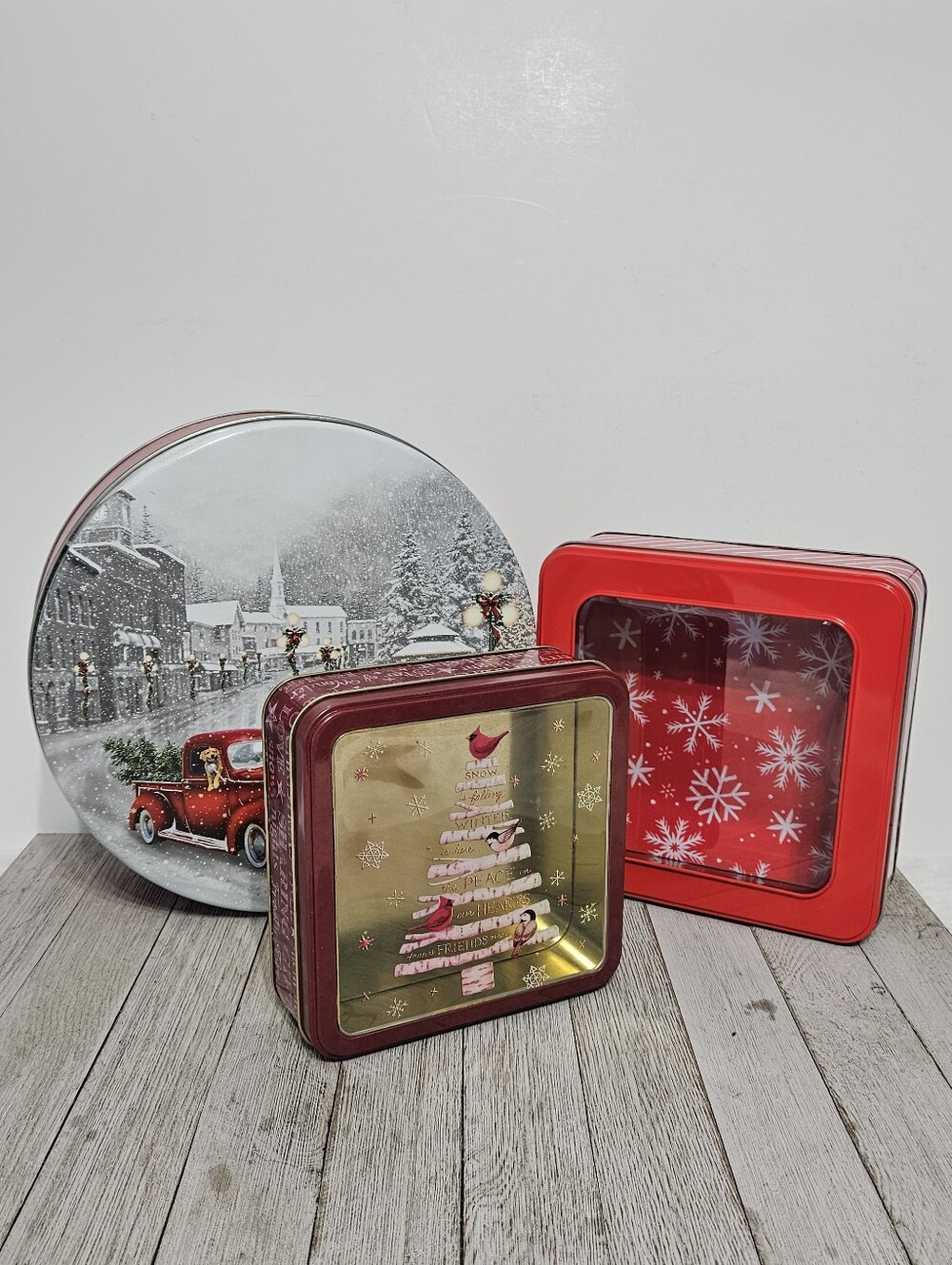 3 Christmas Cookie Tins Set Lot Includes 10" Round Red Truck Snow Scene, 7.5" Re